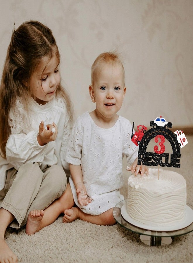 SUPERLUBY Emergency Vehicle 3rd Birthday Cake Topper, Rescue Vehicle Three Cake Topper for Boy, Fire Truck Police 3 Years Old Birthday Cake Decor, Vehicle Car 3rd Anniversary Party Decoration - Black Glitter - Image 4